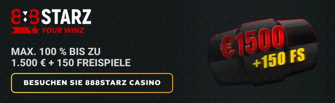 Melden Sie sich bei 888Starz an und sichern Sie sich einen Willkommensbonus von max. 100% bis zu 1.500 € plus 150 Freispiele! Tätigen Sie Ihre erste Einzahlung von nur 10 €, um den Bonus zu bekommen!