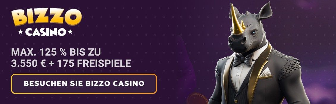 Werden Sie Mitglied bei Bizzo Casino und sichern Sie sich einen Willkommensbonus von maximal 125% bis zu 3.550 € plus 175 Freispiele! Fangen Sie noch heute mit einer Einzahlung von nur 10 € an zu spielen!