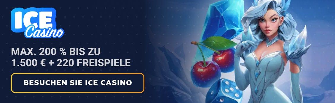 Melden Sie sich beim ICE Casino an und sichern Sie sich einen max. 150%-Willkommensbonus von bis zu 1.500 € + 270 Freispiele! Fordern Sie den Bonus innerhalb von 1 Stunde nach der Registrierung an, um nach Ihrer ersten Einzahlung 150 FS zu erhalten.
