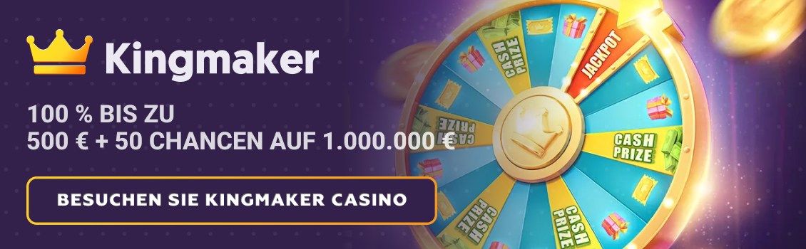 Beginnen Sie Ihre Reise bei Kingmaker mit einem 100%-Bonus von bis zu 500 € und 50 exklusiven Chancen am Glücksrad, um bis zu 1.000.000 € zu gewinnen!