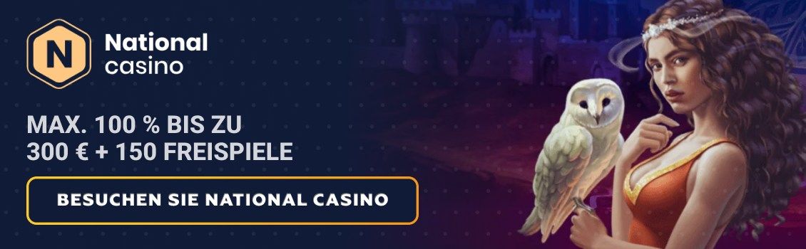 Sichern Sie sich einen max. 100%-Bonus bis zu 300 € und 150 Freispiele für Avalon: The Lost Kingdom und Johnny Cash im National Casino! Zahlen Sie noch heute ein und genießen Sie an Extra-Rewards vom Anfang.