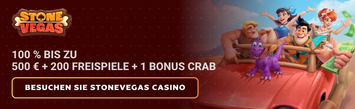 Melden Sie sich noch heute bei Stonevegas Casino an und beanspruchen Sie einen 100%-Willkommensbonus von bis zu 500 € + 200 Freispiele! Außerdem bekommen Sie einen Bonus Crab, um Ihre erste Spielsitzung zu verbessern!