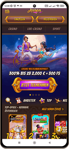 Alawin Casino auf einem Mobiltelefon