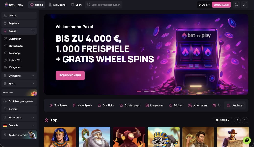 BetAndPlay Casino Hauptseite