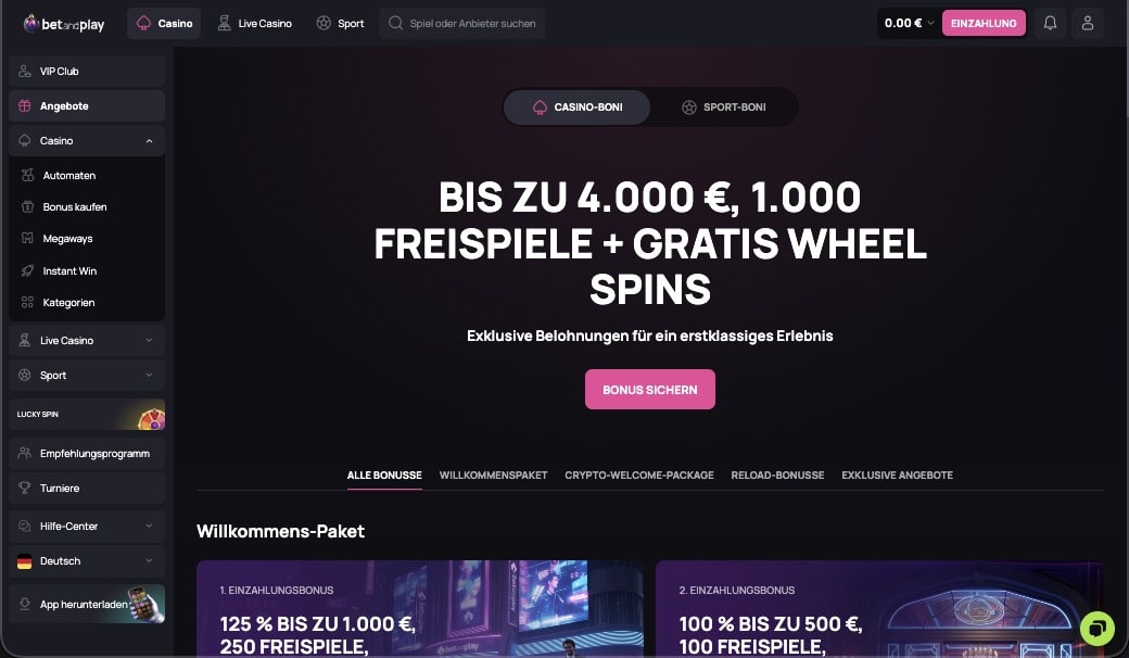 BetAndPlay Casino Bonusseite