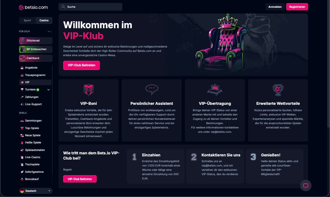 Betsio Casino vip Seite