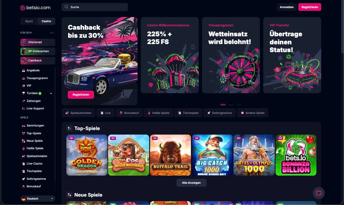 Betsio Casino Hauptseite