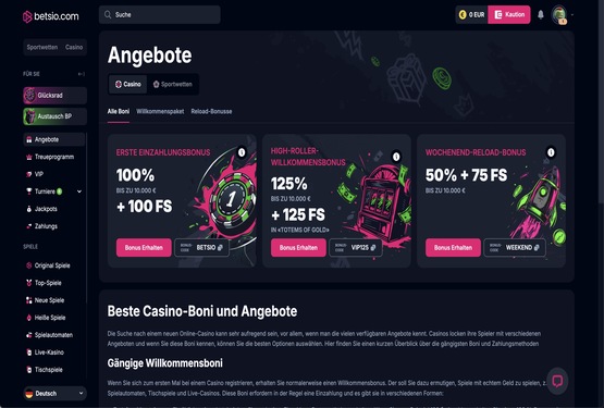 Betsio Casino Bonusseite