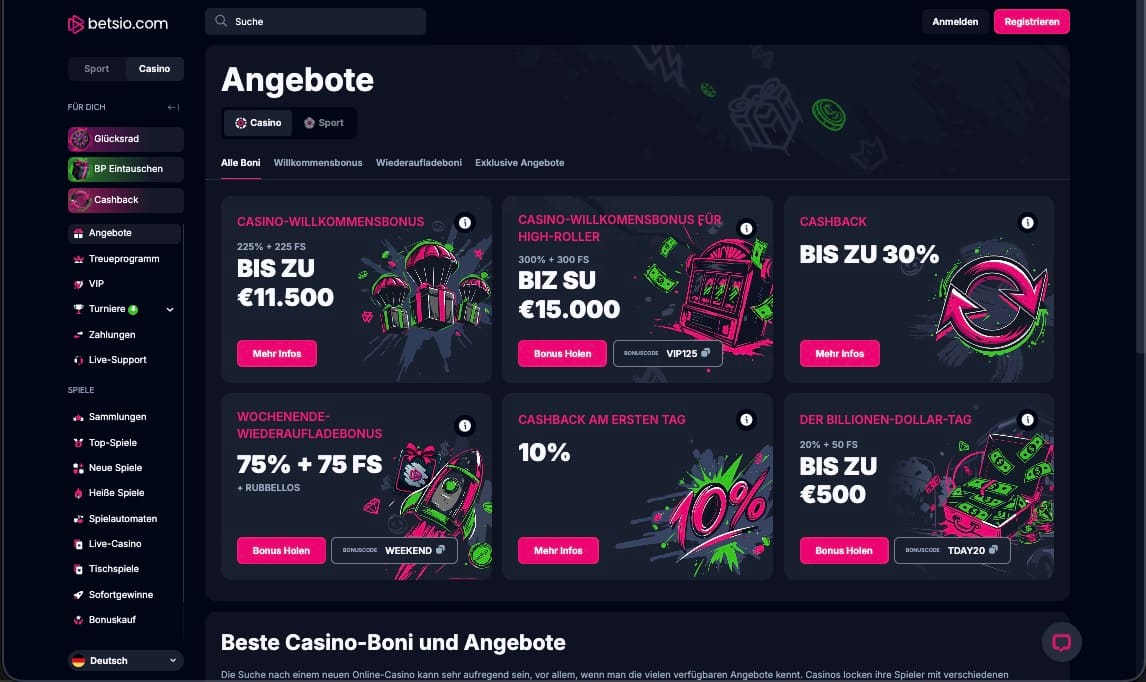 Betsio Casino Bonusseite
