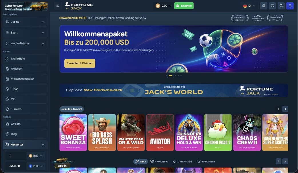 FortuneJack Casino Hauptseite