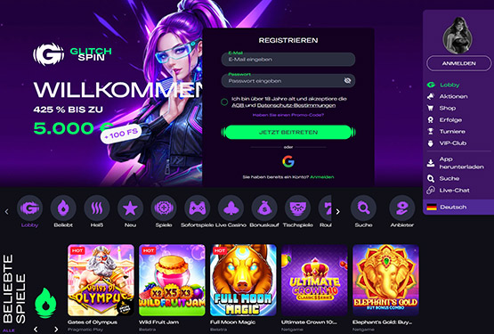 GlitchSpin Casino Hauptseite