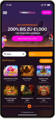 HappySlots Casino Hauptseite auf dem Handy