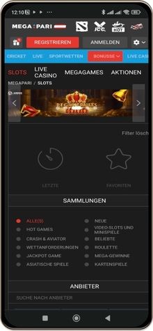 Megapari Casino auf einem Mobiltelefon