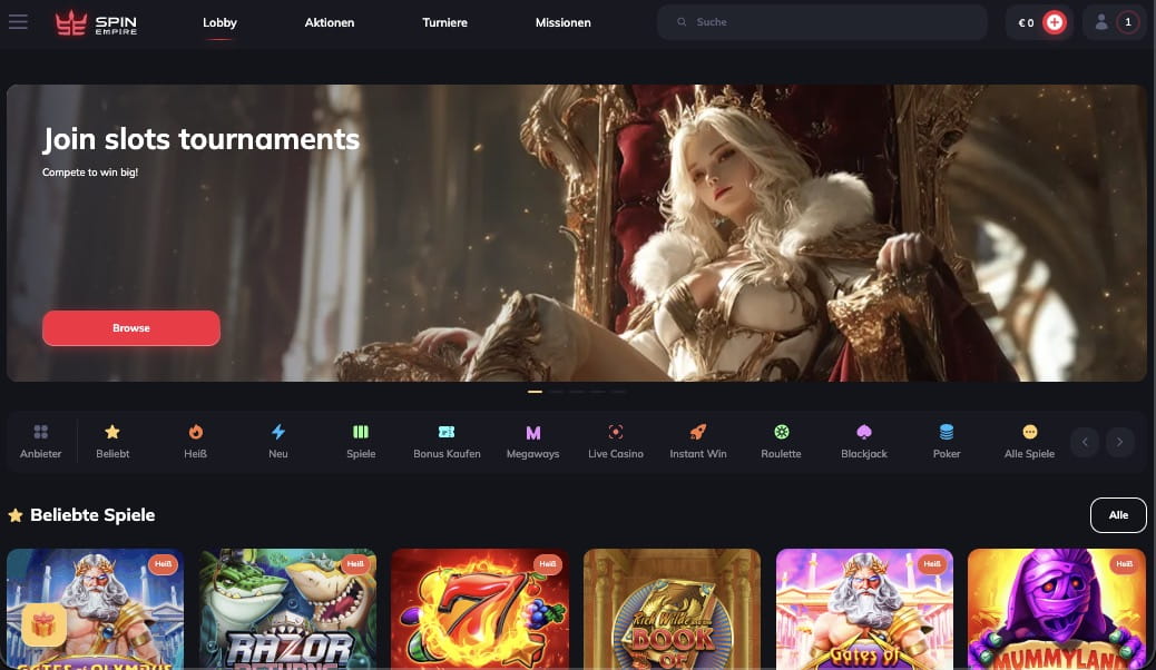 SpinEmpire Casino Hauptseite