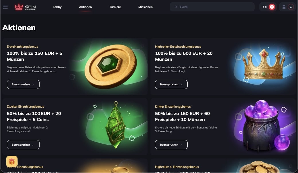 SpinEmpire Casino Bonusseite