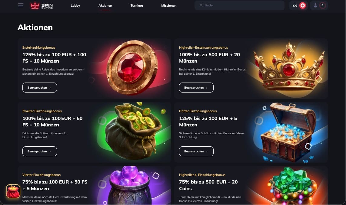 SpinEmpire Casino Bonusseite