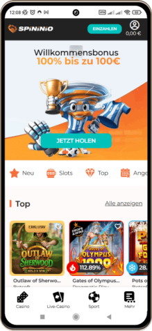 Spininio Casino auf einem Mobiltelefon
