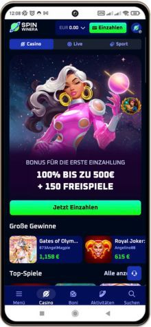 Spinwinera Casino auf einem Mobiltelefon