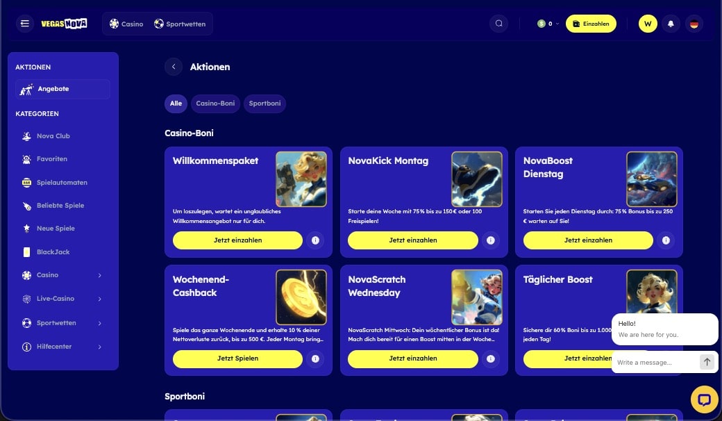 Vegas Nova Casino Bonusseite
