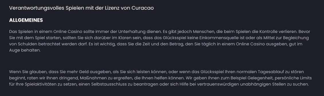 Abschnitt "Verantwortungsvolles Spiel" im Asino-Kasino