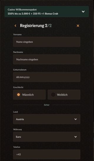 CrownPlay Casino Persönliche Daten eingeben