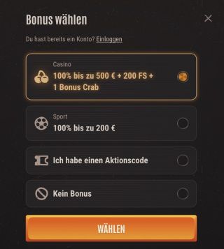 Wählen Sie den Bonus, den Sie erhalten möchten.