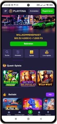 Playfina Casino Hauptseite auf dem Handy