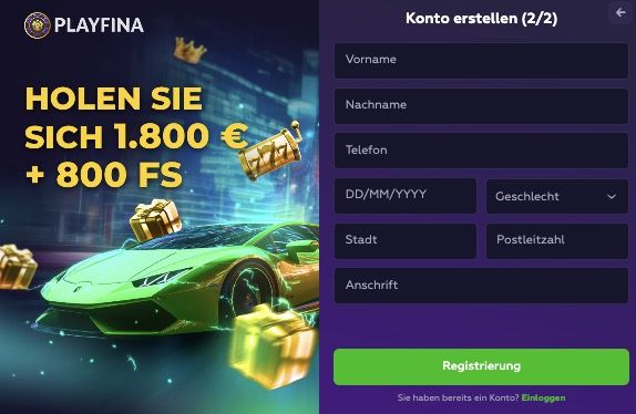 Playfina Casino Geben Sie Ihre persönlichen Daten ein