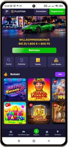 Playfina Casino Hauptseite auf dem Handy