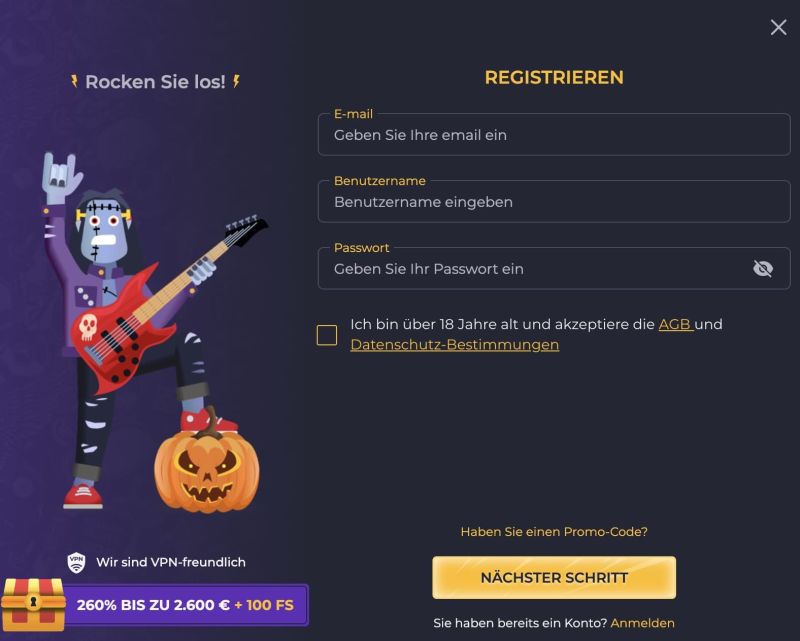 Erstellung von Benutzername und Passwort bei Rolling Slots