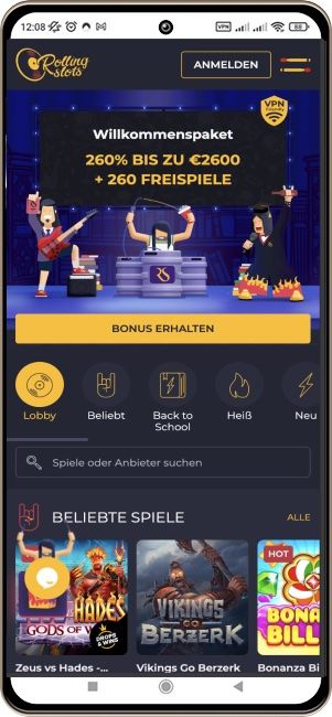 Rolling Slots Casino auf einem Mobiltelefon