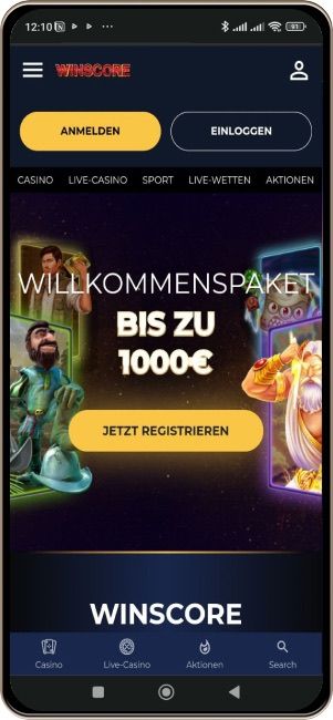 Winscore Casino auf einem Mobiltelefon