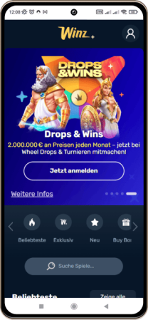 Winz Casino Hauptseite auf dem Handy