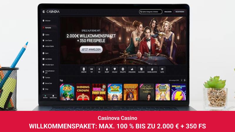 Startbildschirm des CasiNova Casinos mit Willkommensbonus