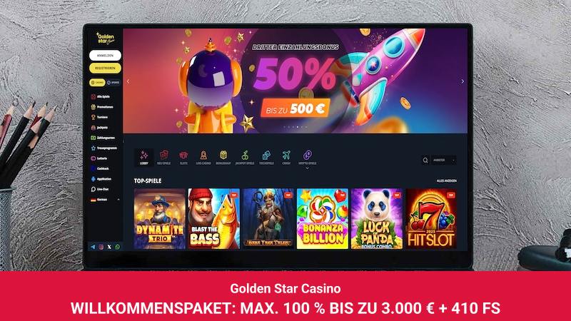 Startbildschirm des Golden Star Casinos mit Willkommensbonus