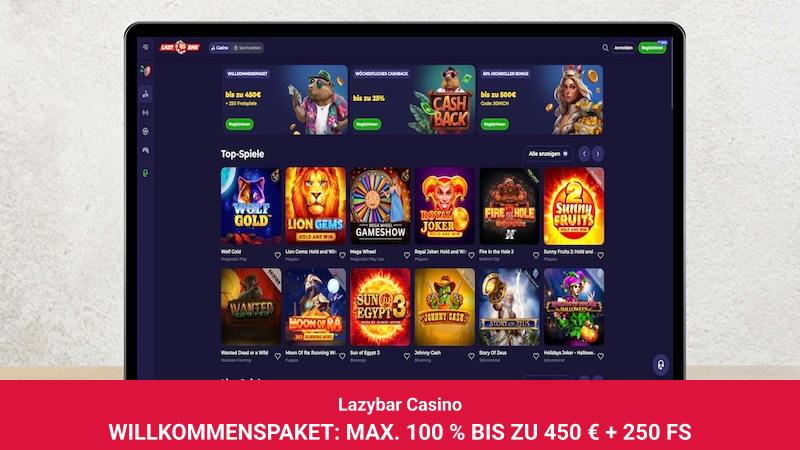 Startbildschirm des Lazybar Casinos mit Willkommensbonus