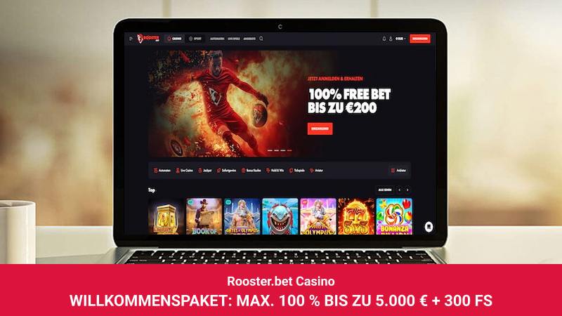 Startbildschirm des Rooster.bet Casinos mit Willkommensbonus