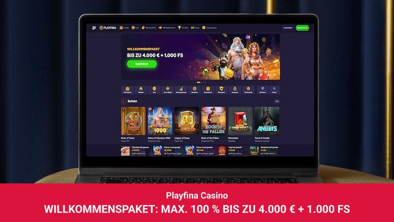 Startbildschirm des Playfina Casinos mit Willkommensbonus