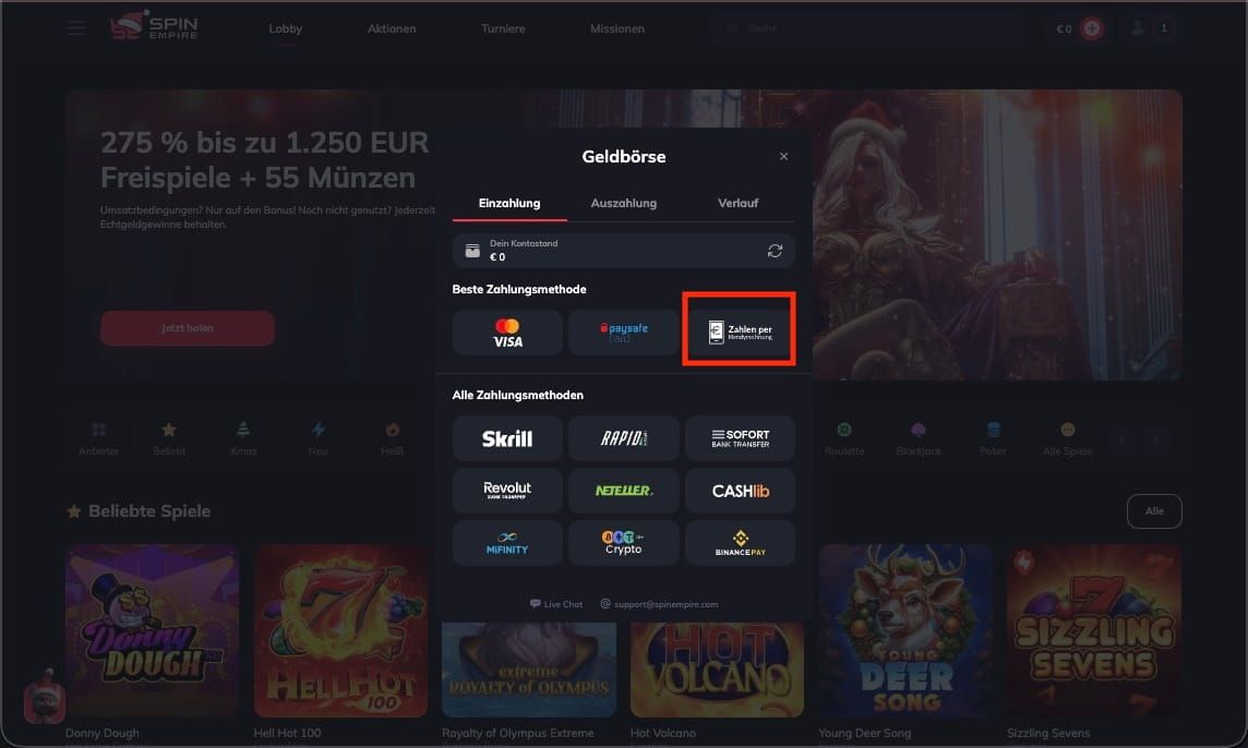 Handyrechnung ist eine Zahlungsmethode in Ihrem SpinEmpire-Casino-Konto.