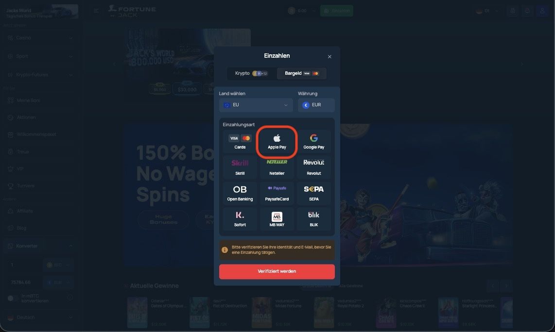 Apple Pay ist eine Zahlungsmethode in Ihrem FortuneJack-Casino-Konto.