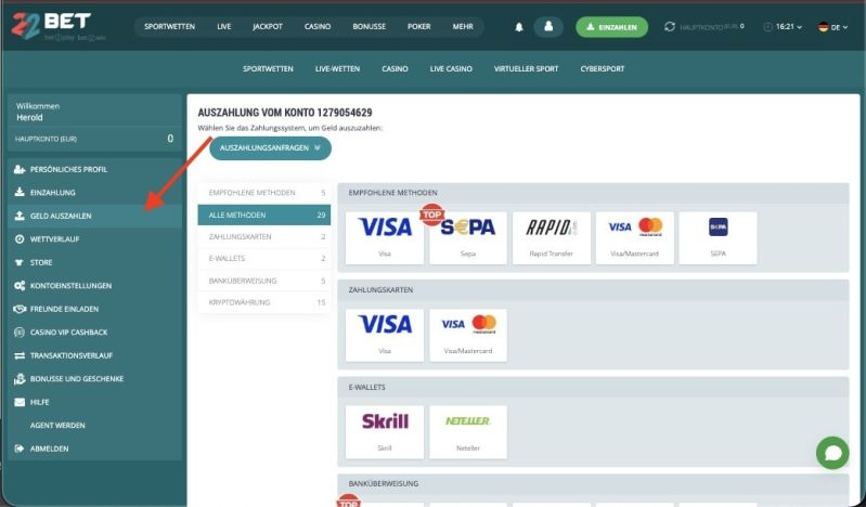 Navigiere zur Kasse und wähle „Auszahlung“