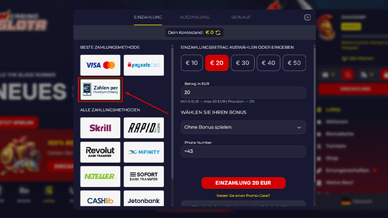 Handyrechnung ist eine Zahlungsmethode in Ihrem Slota-Casino-Konto.